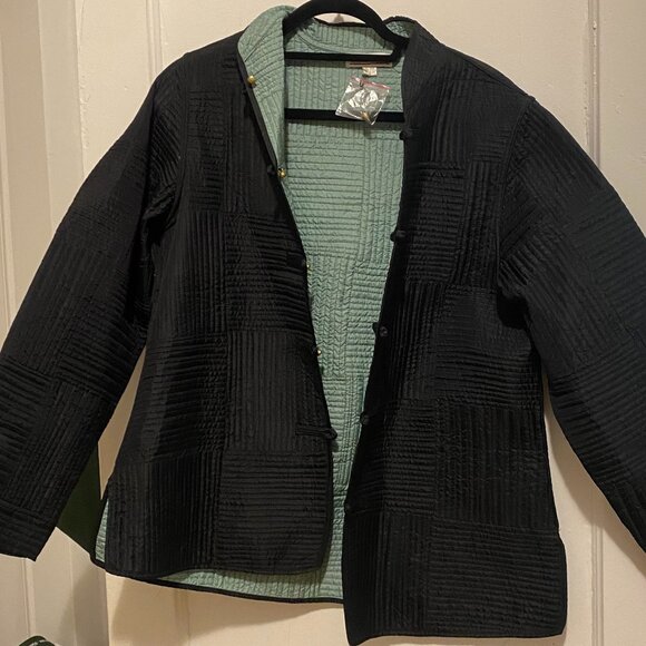 NEW Sam Hilus Classic 100% Silk Reversible Nehru Jacket Women's Black & Teal - Picture 2 of 6